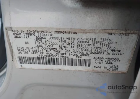 2003 Toyota Rav4 from USA, damaged, VIN JTEGH20V830118666